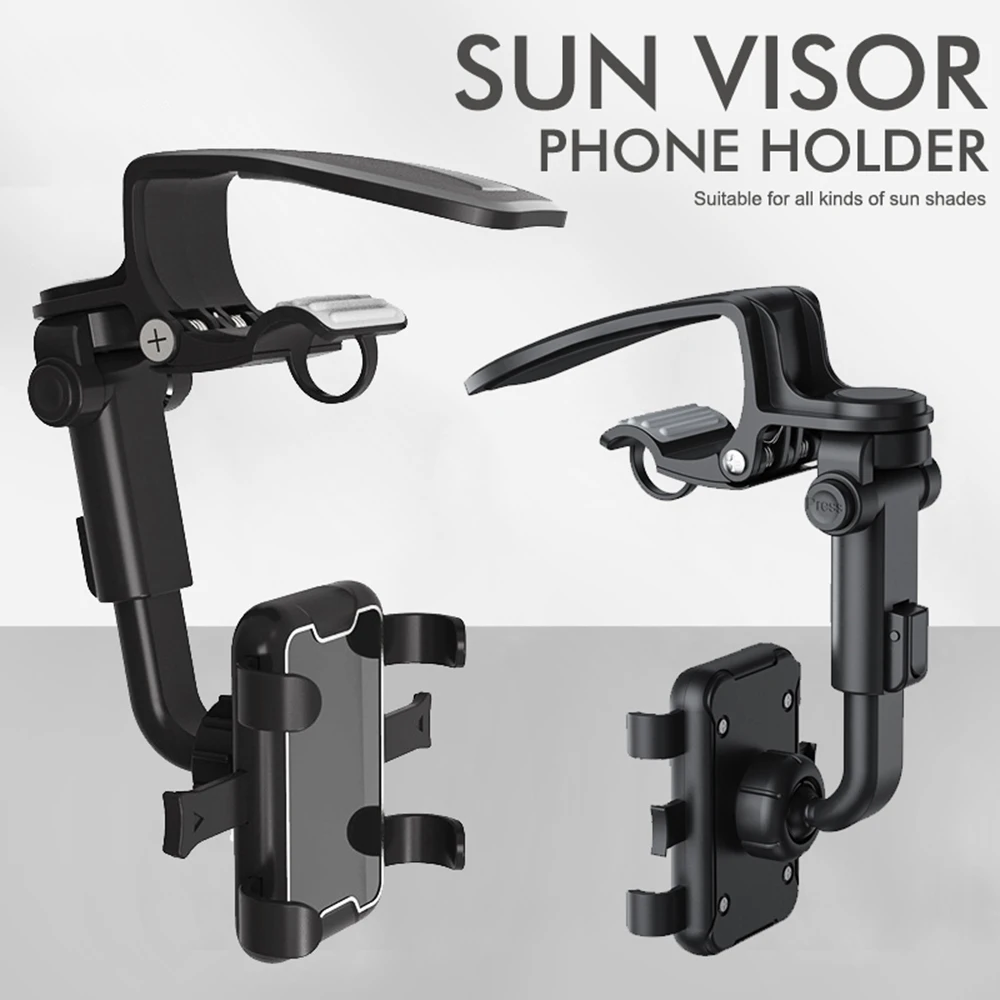 Sun Visor Phone Holder, 360° Rotatable Telescopic Car Phone Mount, Universal Hands-Free Navigation Cradle for Smartphones