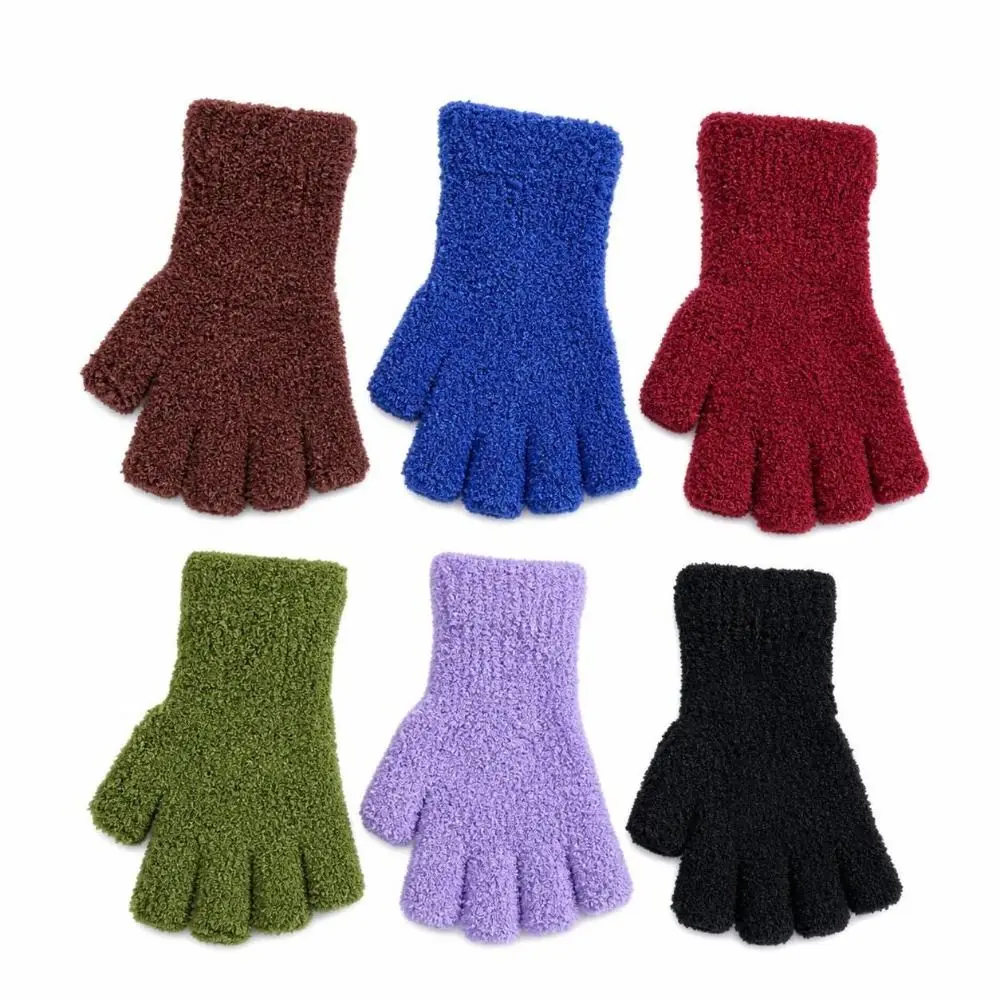 Warm Solid Color Fingerless Gloves Coral Fleece Finger Openings Touchscreen Gloves Thicken Winter Warm Gloves Winter