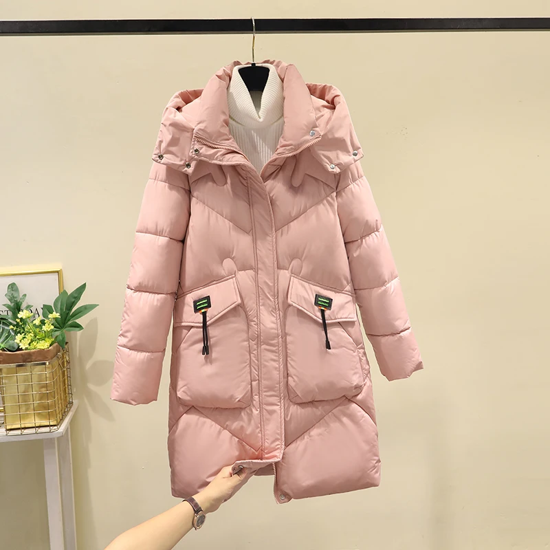 

Женское пуховое хлопковое пальто средней длины, свободное теплое зимнее пальто, корейское пальто на молнии, длинное свечение