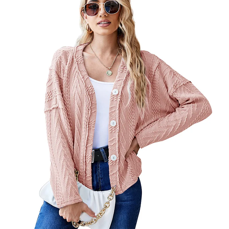 Pure Color Sweater Women Spring And Autumn Mid-length V-neck Simple Temperament Knitted Cardigan Casual Single-breasted Sweater