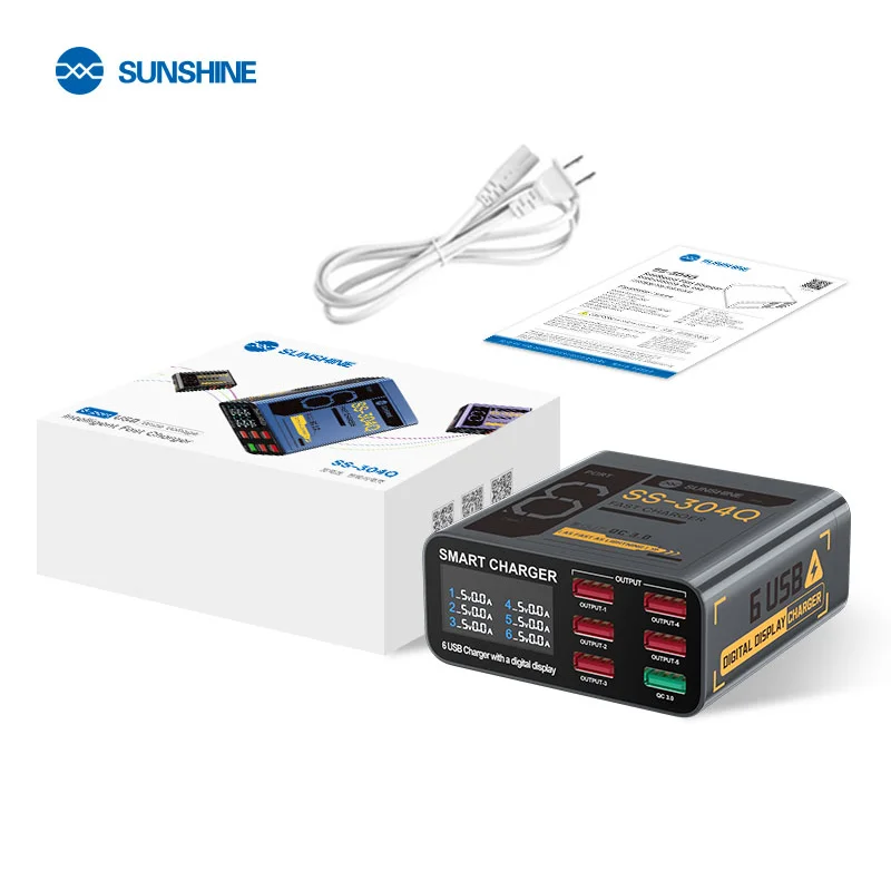 Sunshine SS-304Q Caricatore rapido USB da 40 W a 6 porte Stazione di alimentazione multi-dispositivo portatile con display digitale per caricabatterie per telefoni e tablet