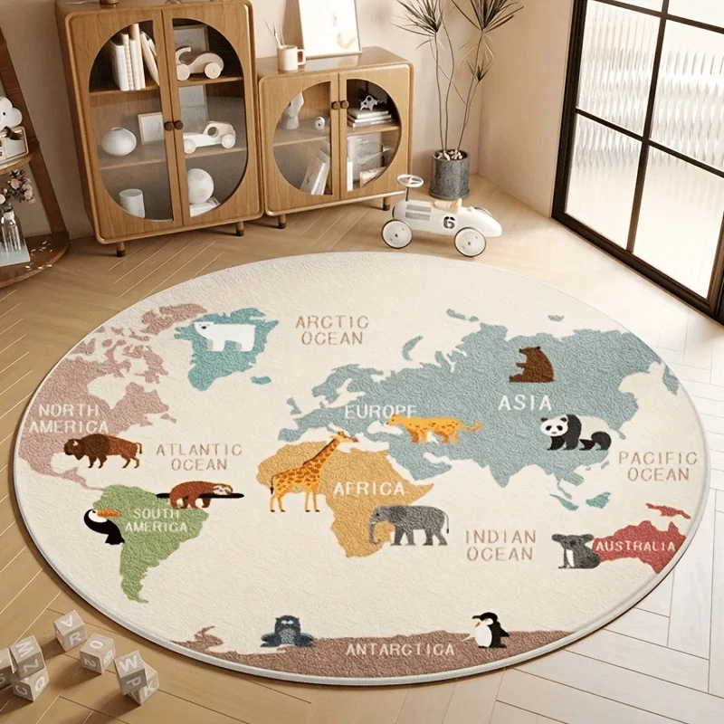 Newest 2D Round Carpet Cartoon World Map Animal Print Round Rug Non Slip Educational Play Floor Carpet