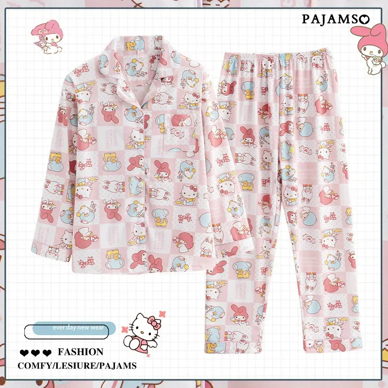 อะนิเมะ Kawaii Hello Kitty ผู้หญิงชุดนอน Sanrioed Kuromi Cinnamoroll ฤดูใบไม้ร่วงผ้าฝ้าย Homewear สาวการ์ตูน Nightgown เสื้อกางเกง