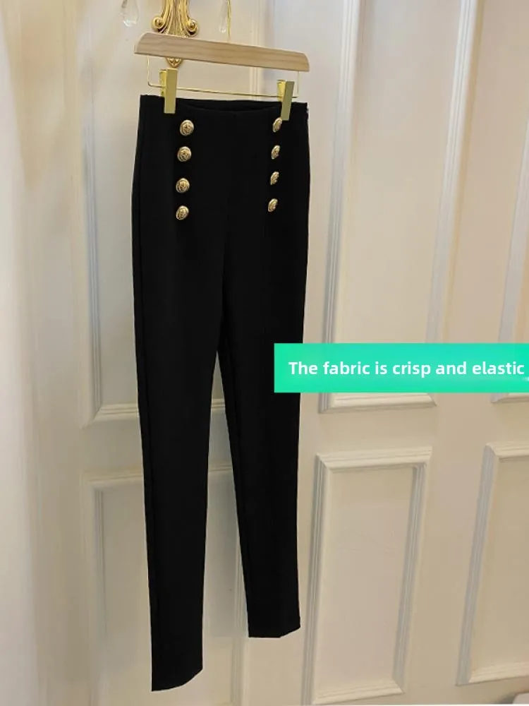 

Elastic Slim Fit Pants Double Button High Waist Long Pants Versatile Busin Trousers Comfortable Stretchy Commute Sle