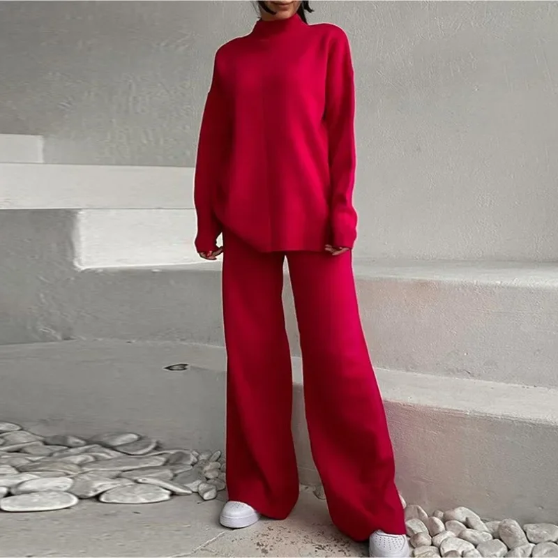 European and American Semi High Neck Sweater Women's Spring and Summer New Loose Solid Color Temperament Knitted Set