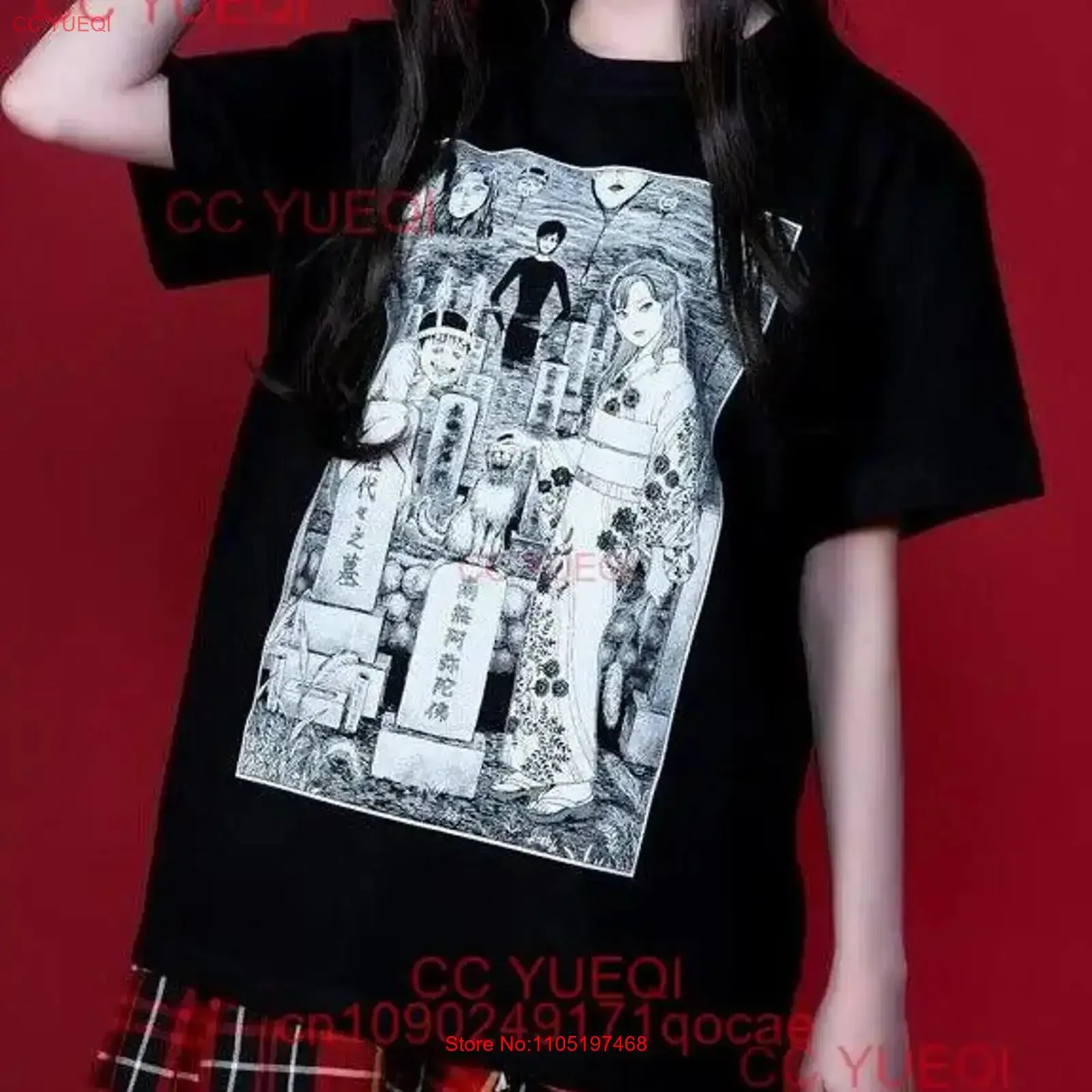 Junji Ito تي شيرت أسود تومي سويتشي بوي جميل جارون بالون معلق ياباني عتيق مغسول ناعم ممتد ملابس غير رسمية #1