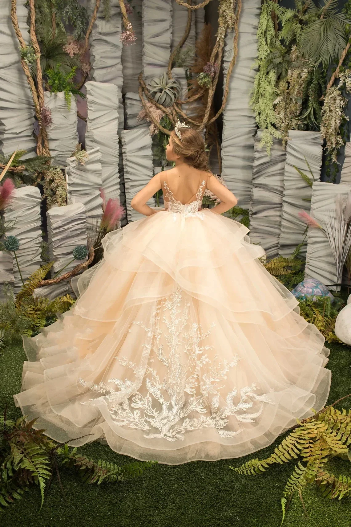 Vestidos de niña de flores color champán claro para bodas, apliques largos de tul, vestido de fiesta de cumpleaños de princesa, vestido de baile de noche Formal