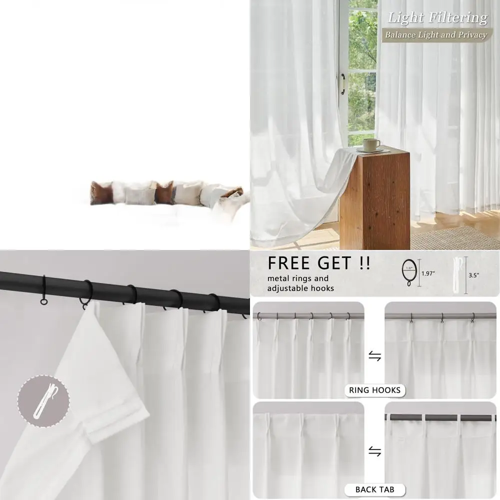 

Elegant 40x168 White Linen Pinch Pleat Curtains for High Ceiling Rooms with Light Filtering and Hooks