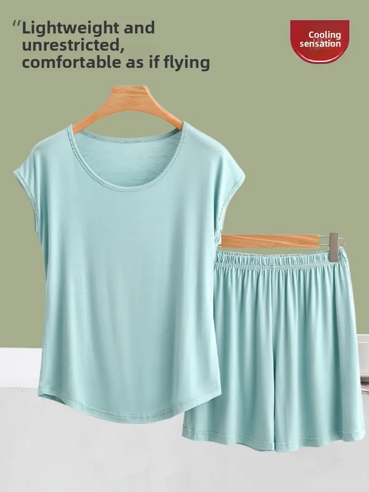 Large Size Modal Ice Silk Sleepwear Women's Summer Sleeveless Casual Loose Feeling T-Shirt Five-Quarter Pants Two-Piece Set