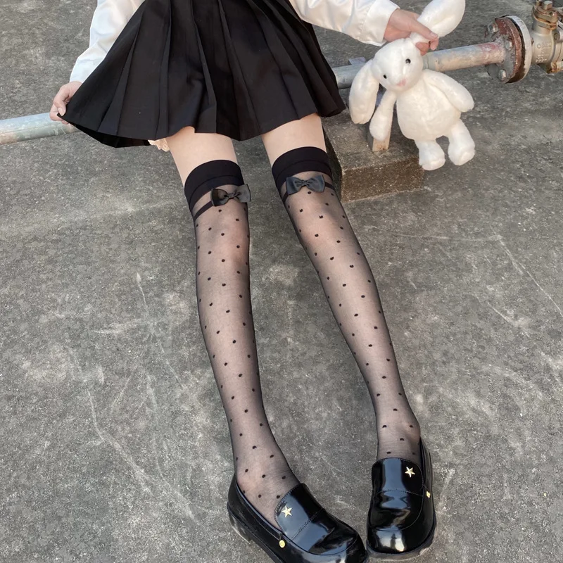 

JK Sweet Girls Cute Bow Thigh High Stockings Lolita Kawaii Japanese Style Knee High Socks Polka Dots Long Socks Stockings Women