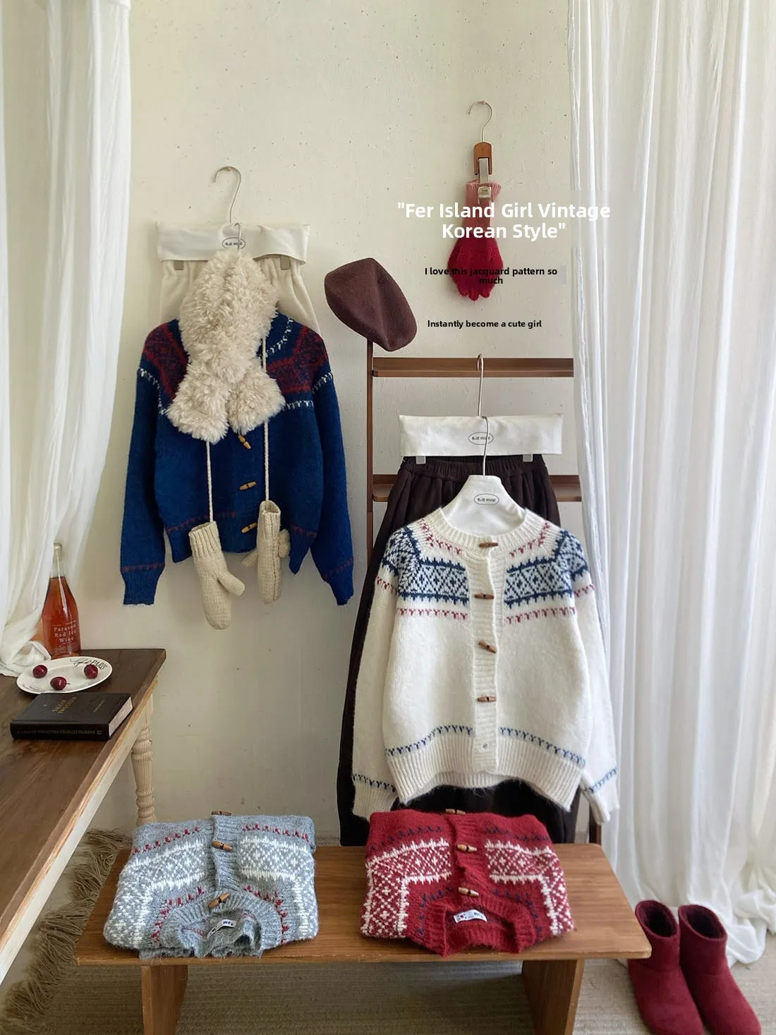 

Cisas Red Lazy Fair Isle Retro Knitted Sweater Coat Women Winter Slim Fit Button up Knitwear Soft Comfortable Long Sve