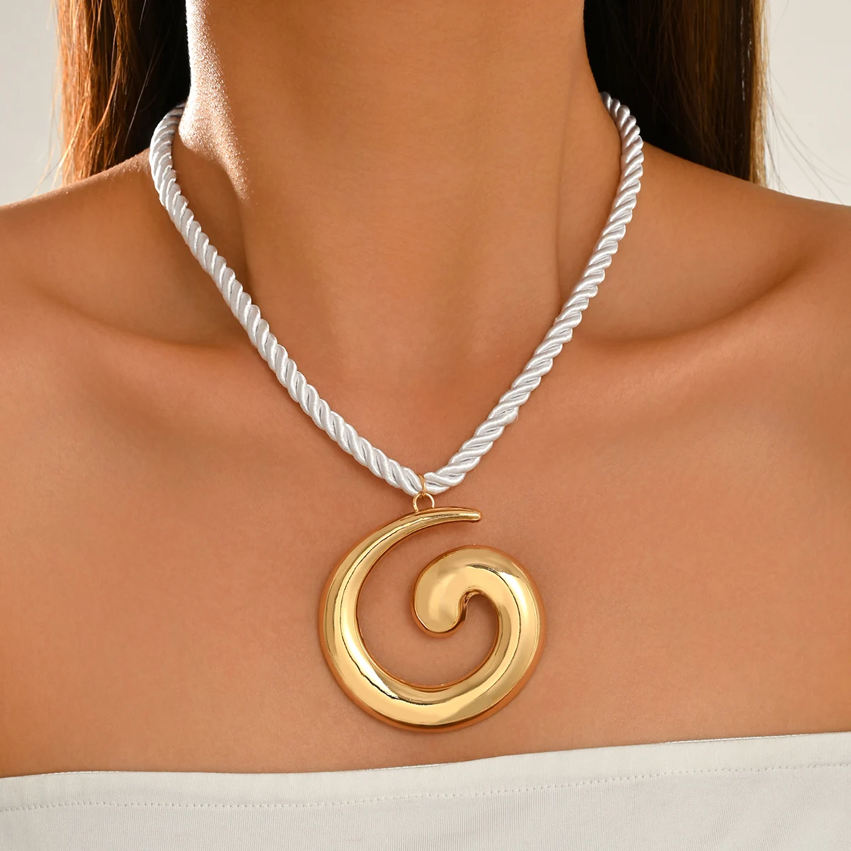 Gold Spiral Pendant Choker Necklace Women White Braided Rope Minimalist Statement Boho Summer Beach Adjustable Jewelry