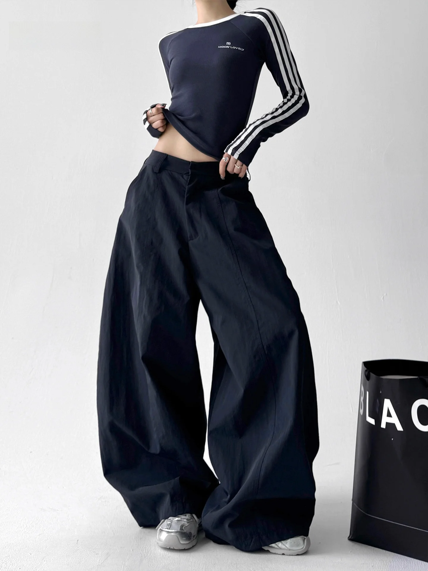 Pantaloni da lavoro casual larghi Pantaloni sportivi casual da ballo a vita alta da donna a gamba dritta larghi in blu royal per l'autunno