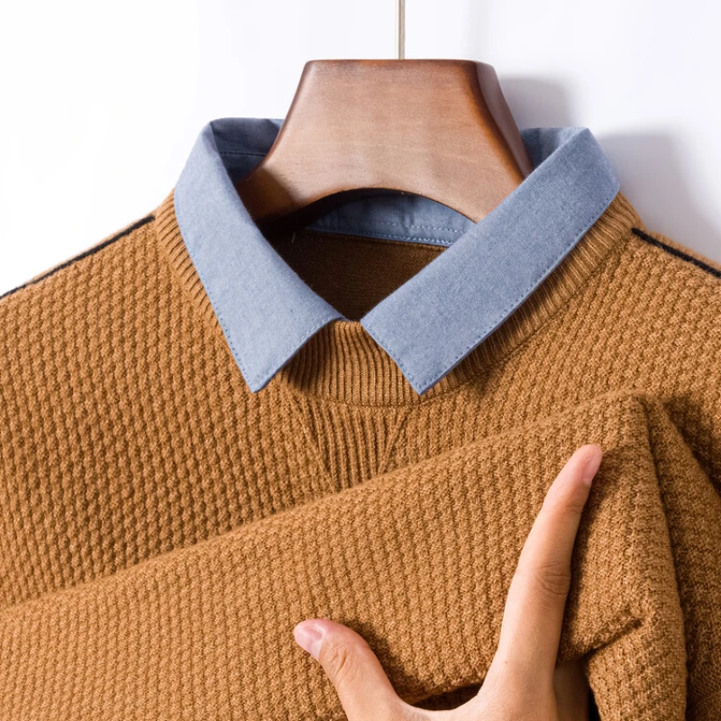 

Men's pullover sweater, autumn and winter men's business casual stitching shirt collar knitted sweater to keep warm.M-4XL