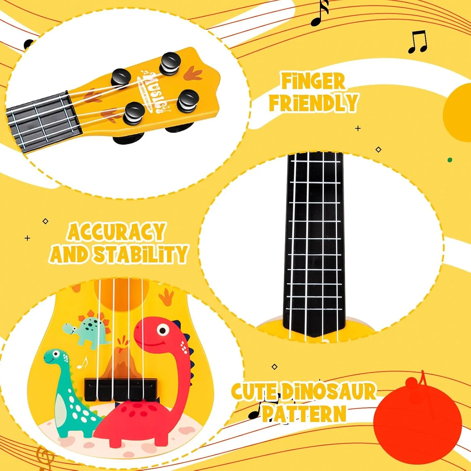 17 Polegada mini crianças guitarra clássica ukulele de 4 cordas-design dinossauro, presente de aniversário de natal, brinquedo musical para iniciantes, festa