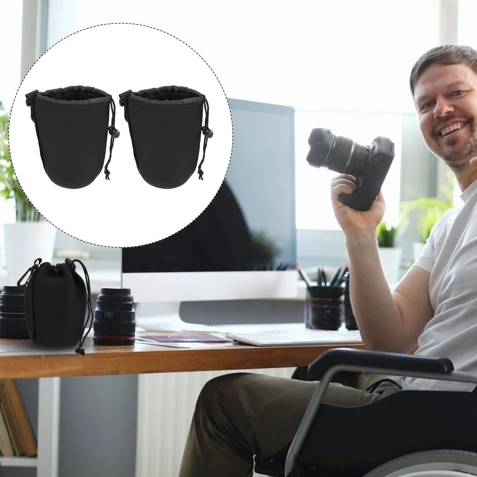 2 قطعة عدسة الكاميرا النيوبرين حافظة واقية حجم عالمي أسود مقاوم للصدمات العزل الحراري مرونة كتيمة مرنة #2