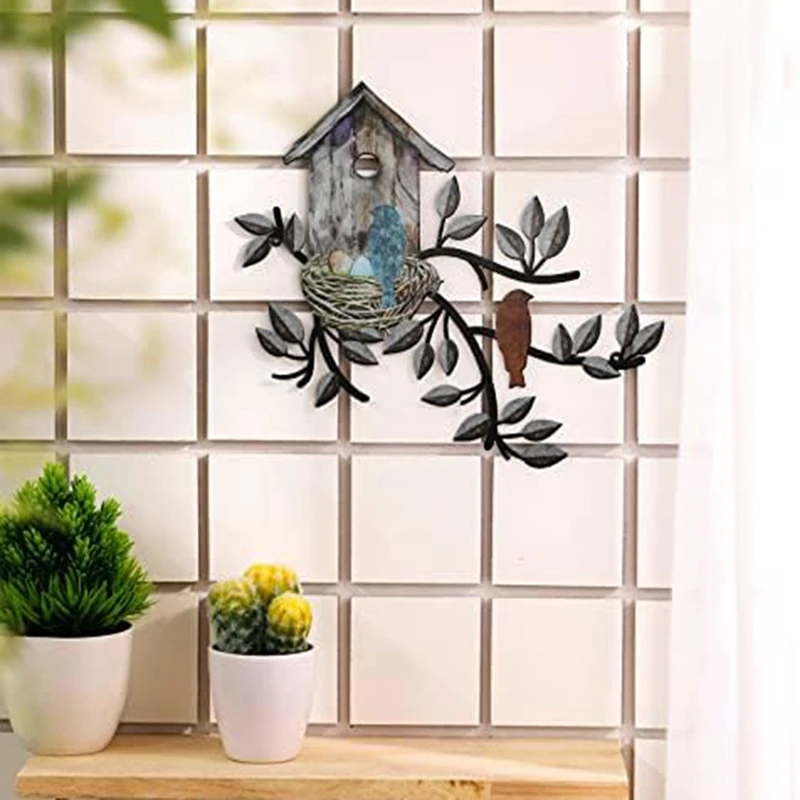 Birds Wall Decor Metal Bird Decor For Wall Outdoor Bird Wall Art Hanging Metal Tree With Birdhouse For Living Room 30X27cm