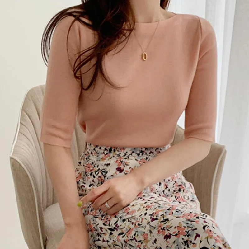 Chic Spring Simple Elegance round Ne Overhead Design Loose Versatile  Color ort Sve Knitted T-irt Korean Sle