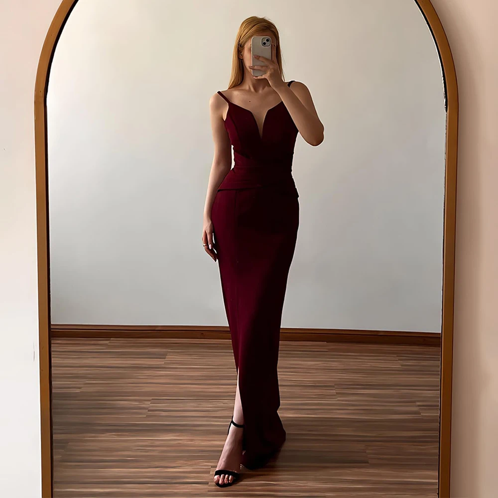 

Burgundy Wedding Evening Dresses for Women Spaghetti Straps V Neck Bridesmaid Gowns Long Side Slit Mermaid Lace Bridesmaid Dress