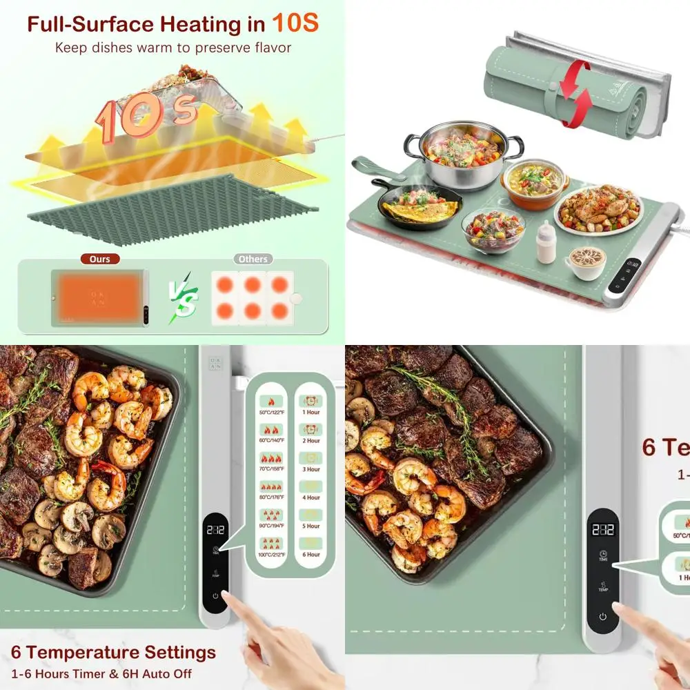 

Электрический силиконовый коврик для подогрева еды с 6 настройками нагрева, таймером автоматического выключения, водонепроницаемый и складной для шведского стола, дома, офиса (23,6 дюйма