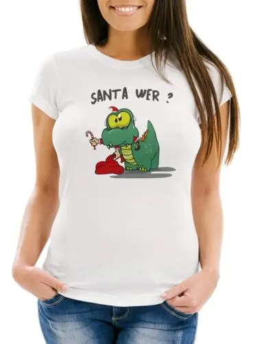 Damen T-Shirt Fun Motiv Dinosaurier frisst Santa Claus Spruch Santa Wer?