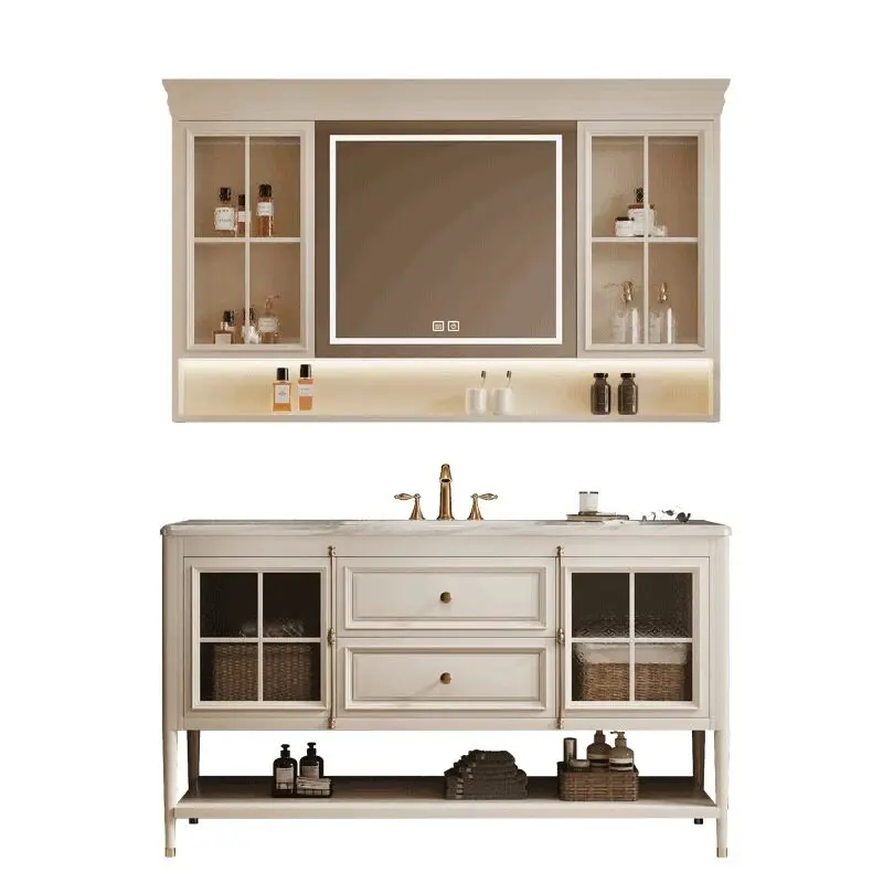 Oak floor-to-ceiling American bathroom cabinet combination wash basin cabinet French retro bathroom customization