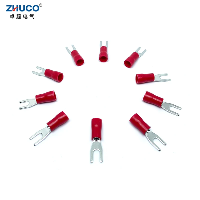 100pcs SV1.25-3 Red Copper U Shaped Fork PVC Insulated Electrical Wire Connector Faston Cable Crimp Spade Terminal 22-16 AWG