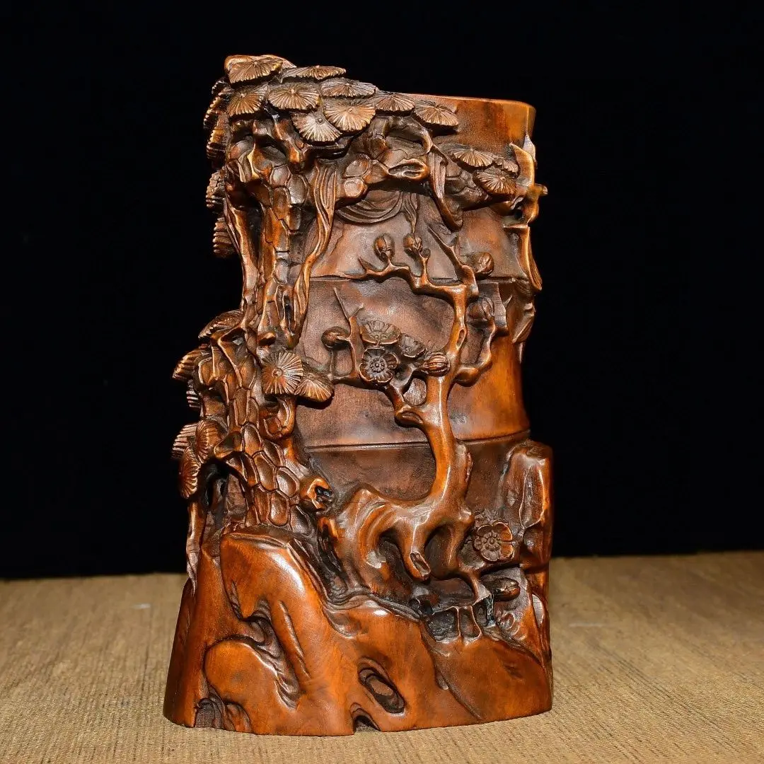 Hand Carved Wood Plum pine mountain pen holder Statue Figurine Desktop Ornaments Home Decoration