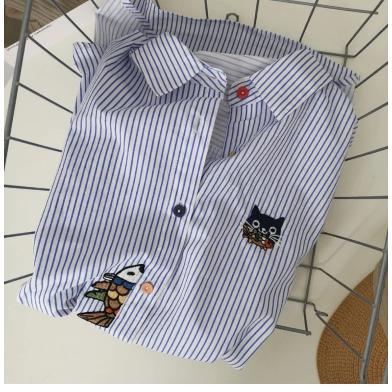 

Vertical Stripes Embroidered Colorful Buttons Loose Casual Long-sleeved Mid-length Shirt for Women