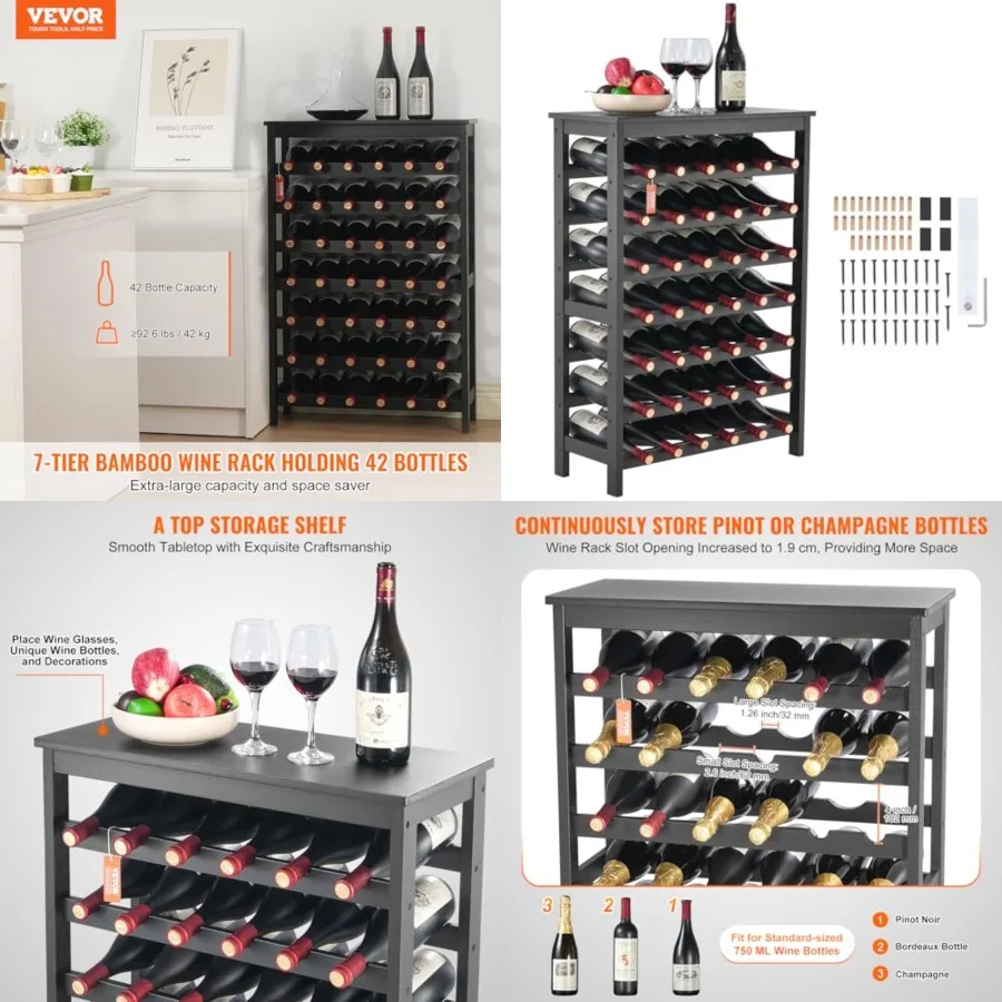 

42 Bottle Modular Wine Rack, 7-Tier Solid Bamboo Wood Storage Racks with Table Top, Floor Freestanding Wines Holder Display She