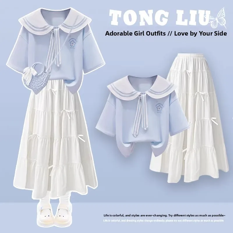 Korean Style College Girl Summer Dress Beautiful Fashionable Elegant Long Sleeve Shirt Dress Button up mid High Waist Skirt