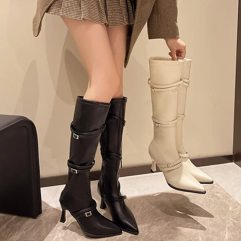 Boots Women New 2024 Sexy Thigh High Heels High Sexy Pointe Shoes Winter Footwear Zipper Over-the-Knee Pointy Ladies Autumn