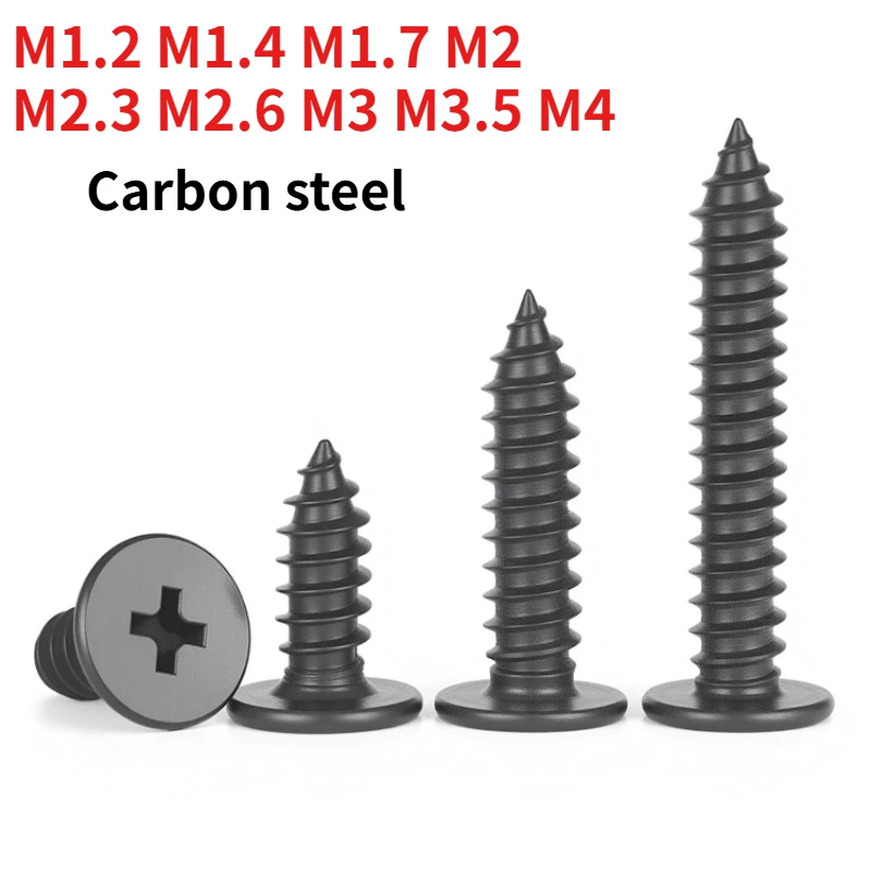 M1.2 M1.4 M1.7 M2 M2.3 M2.6 M3 M3.5 M4 Black galvanized carbon steel Phillips ultra-flat truss-head self-tapping screws