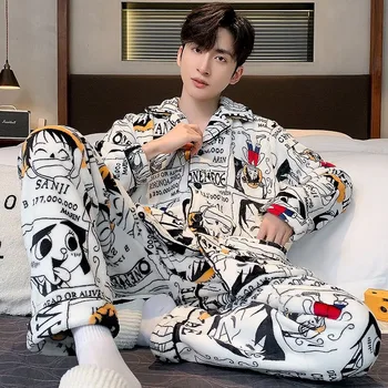 Neue One Piece Ruffy Cartoon Pyjamas männer Flanell Herbst und Winter Jugend Plus Samt Verdickt männer Warme Hause kleidung Set