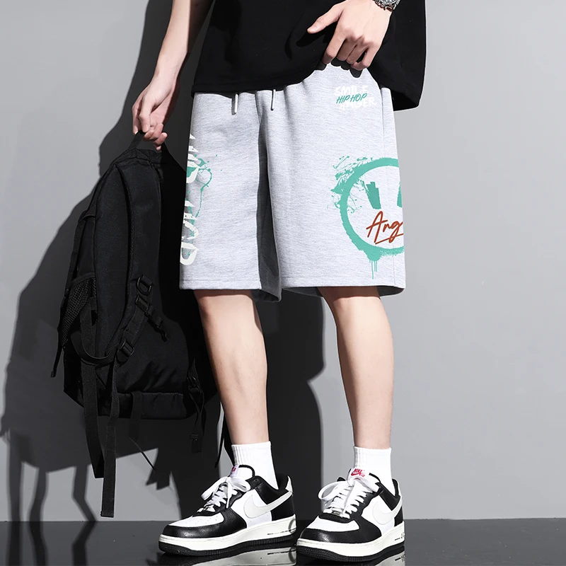 Summer Casual Loose Sports Shorts Men Graffiti Smiling Face Cartoon Printed Shorts Oversized Five-point Basketball Short Pants