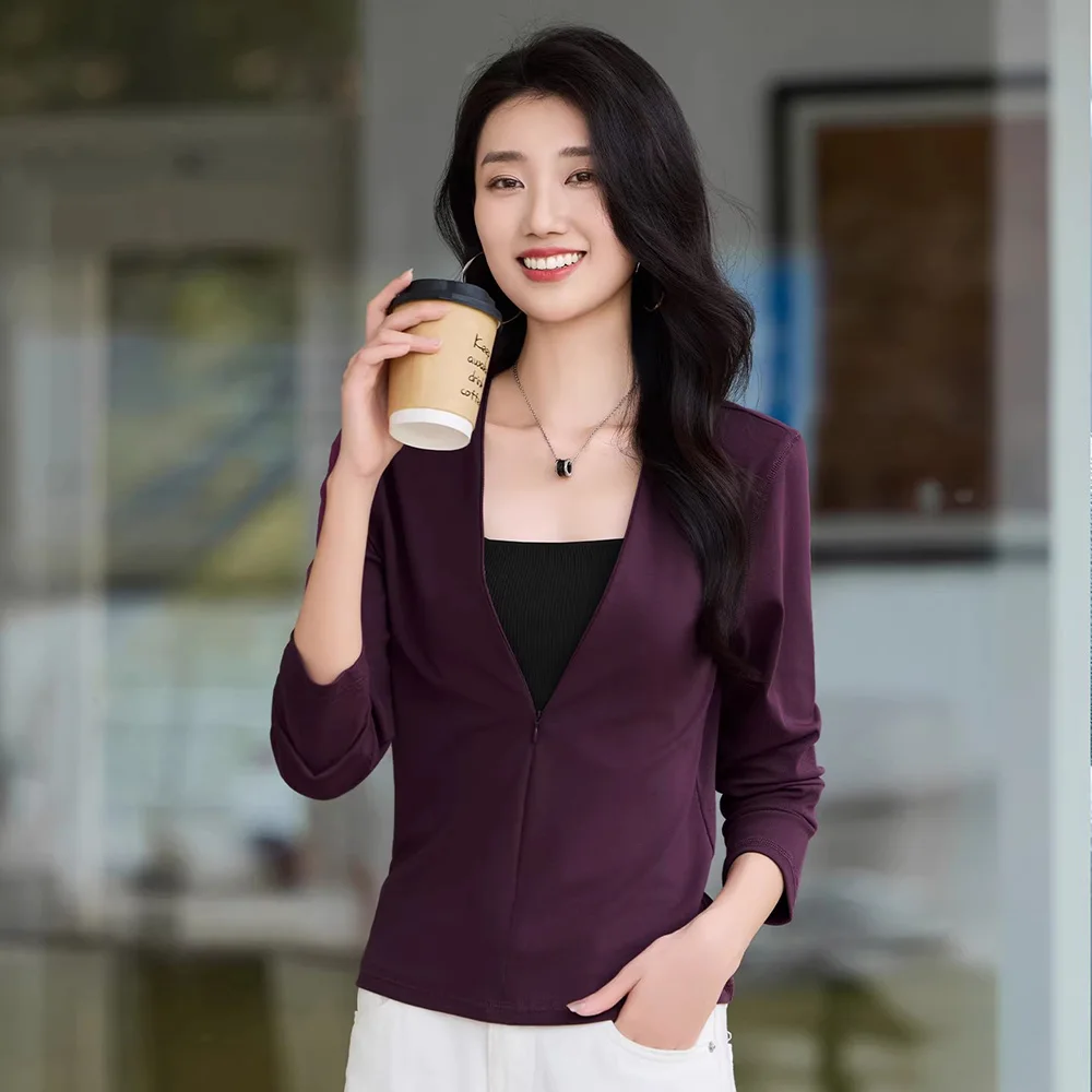 

Новая женская футболка в стиле пэчворк, весенне-осенняя модная футболка с V-образным вырезом и длинными рукавами, элегантный повседневный пуловер