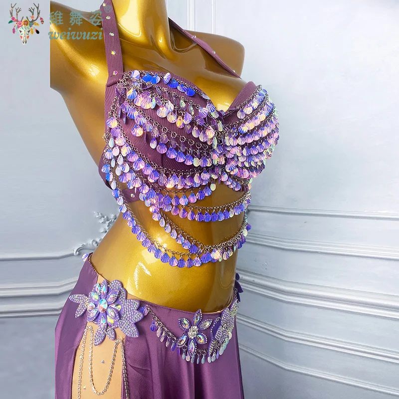 Conjunto de desempenho de dança do ventre para mulheres, sutiã de lantejoulas sênior personalizado + saia longa dividida sexy, fantasia de competição de dança oriental