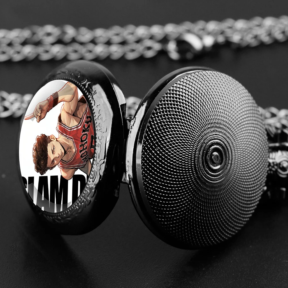 Orologio da tasca al quarzo nero con cupola in vetro Anime Slam Dunk con quadrante con numeri arabi e catena resistente, regalo retrò per uomini e donne