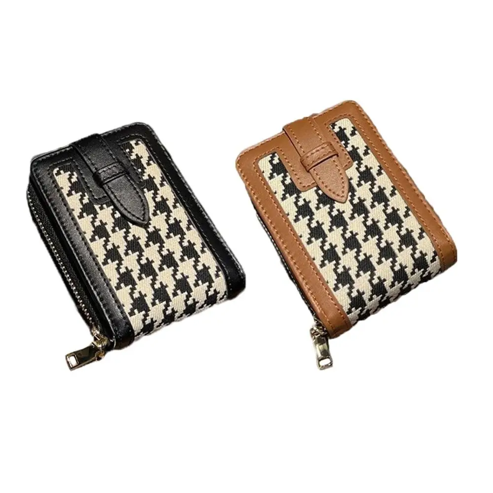 Lattice Plaid Canvas Coin Purse Wallet PU Leather Zipper ID Credit Card Holder Card Case Card Access Control