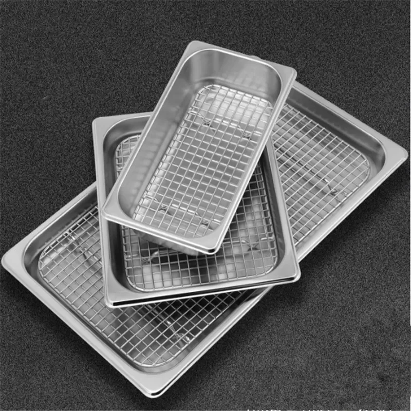 GN pan mesh net BBQ net Stainless steel basin oil rack pot filter rectangular plate box frying basket baking shaker tub strainer