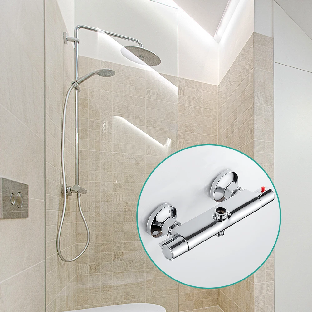 Bath Shower Faucet Thermostatic Faucets Wall Mounted Mixer Valve Tap Temperature Control Rain Shower Chrome Bathroom Twin Outlet