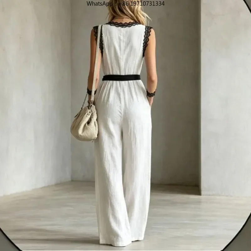 Women Lace Trim Jumpsuit V Neck Sleeveless Belt Wide Leg Button Loose Summer Beach Holiday Outfit