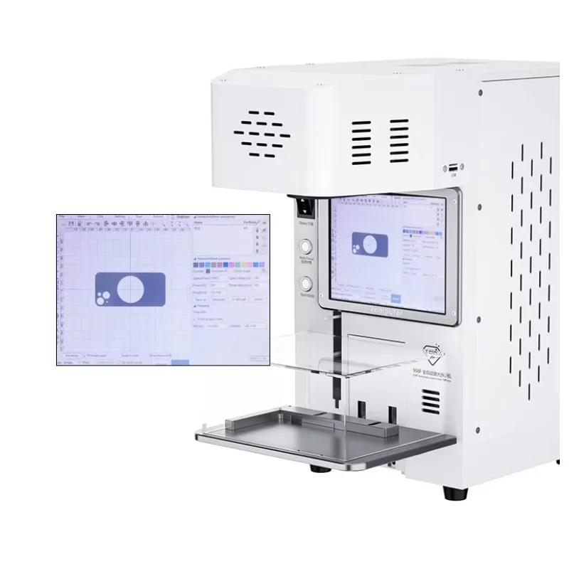 TBK958F Automatic Laser Screen Remover Fiber 20W Built in Smoke Absorber for Back Cover Engraving Marking