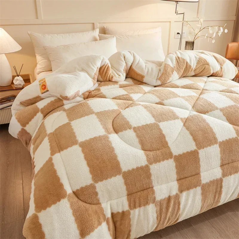 Checkerboard Super Thick Warm Winter Blankets Soft Artificial Lamb Cashmere Weighted Blanket Fluffy Warmth Duvet Comforter Quilt