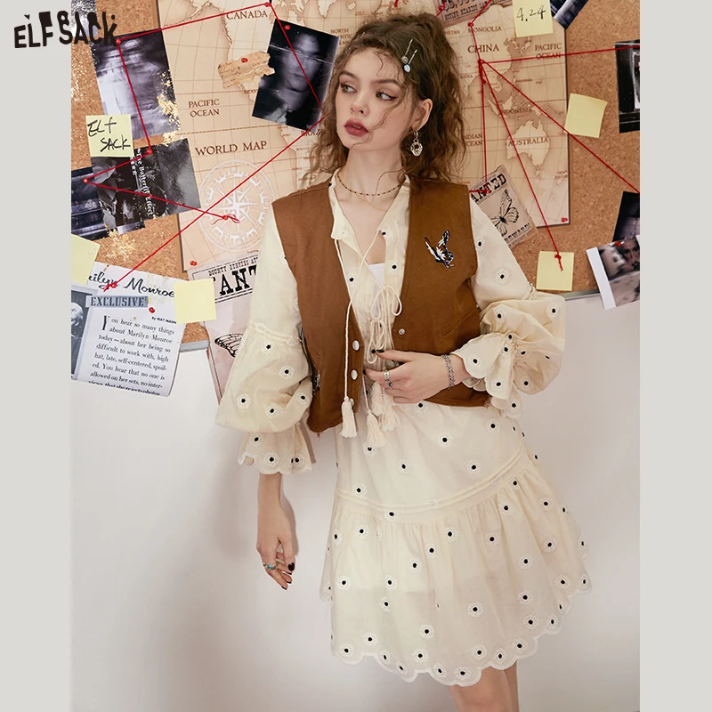 ELFSACK Embroidered Dresses Women 2023 Spring/Summer Waist Long Sleeve Daily Dress