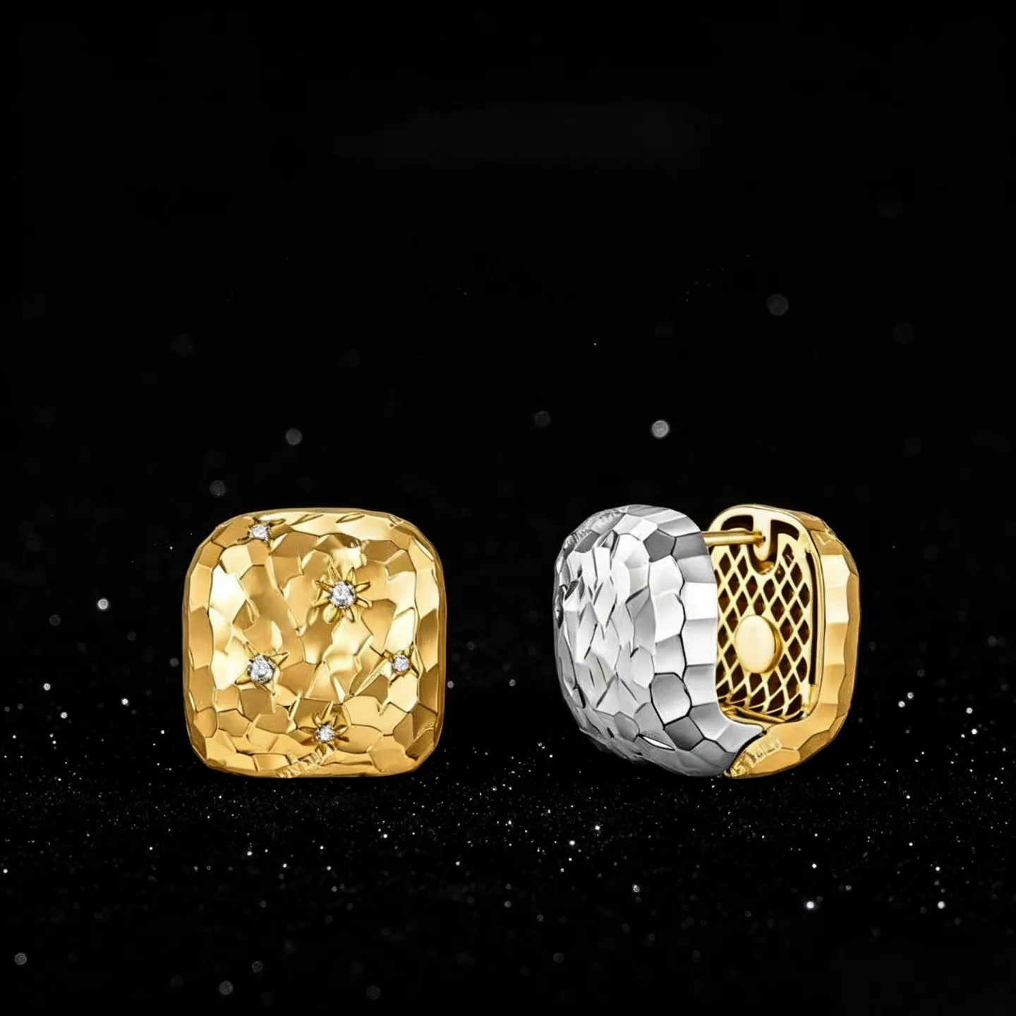Gold Square Huggie Earrings for Women, Hammered Textured CZ Earrings, Hypoallergenic Minimalist Everyday Jewelry Gift
