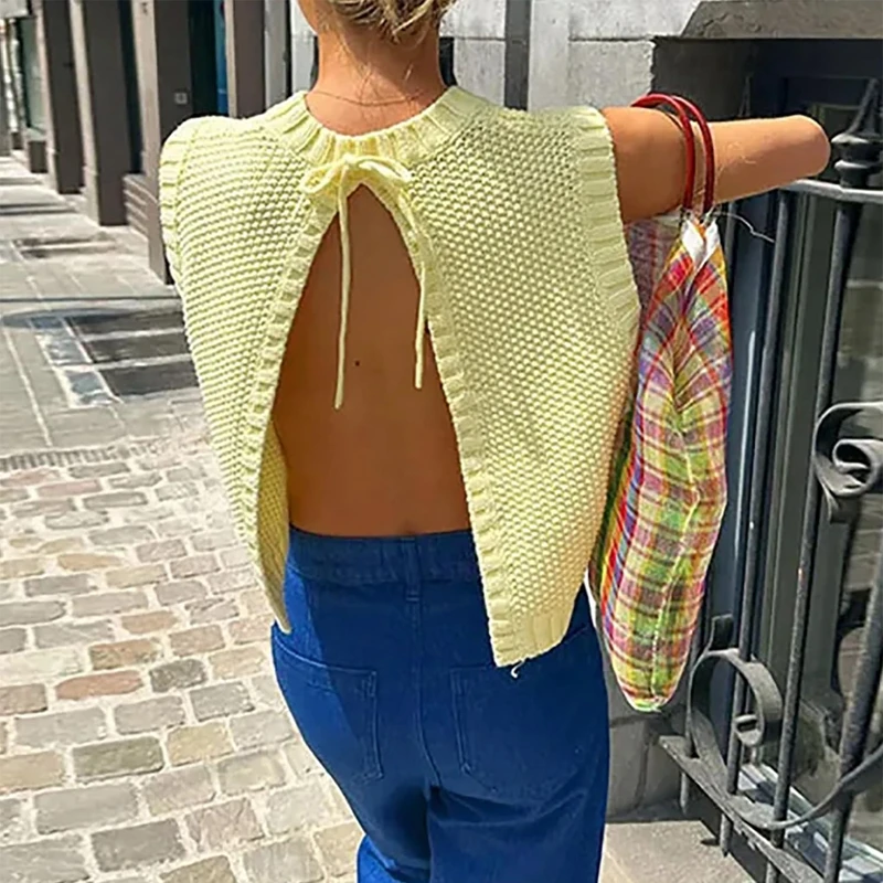 Women Chic O Neck Knitwear Crop Tops Vintage Backless Split Knitted Vest Fashion Sleeveless Loose Fit Pullovers Y2K Streetwear