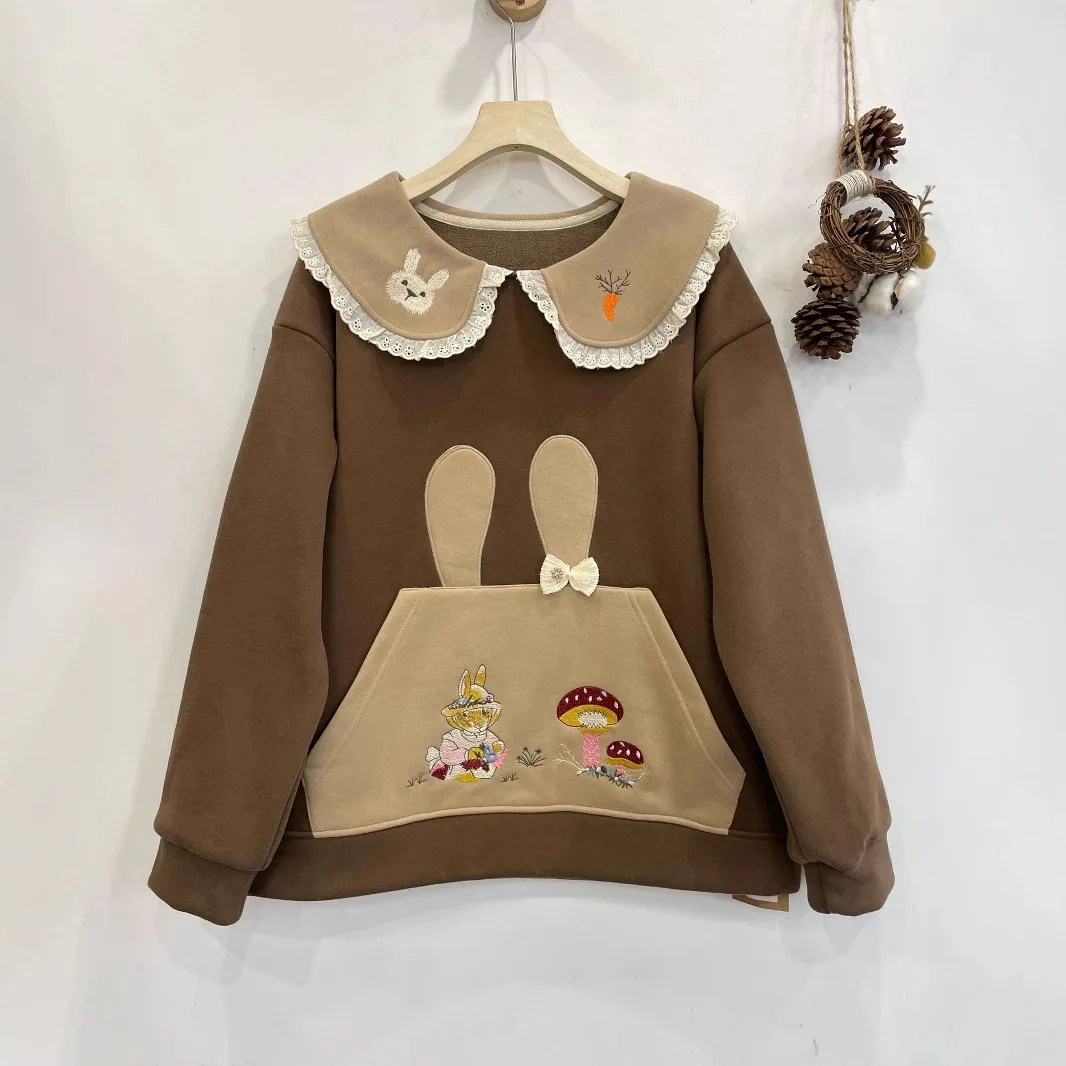 Japanese Sweet Mori Girl Cartoon Embroidery Fleece Sweatshirts Women Autumn Winter Peter Pan Collar Long Sleeve Casual Hoodies