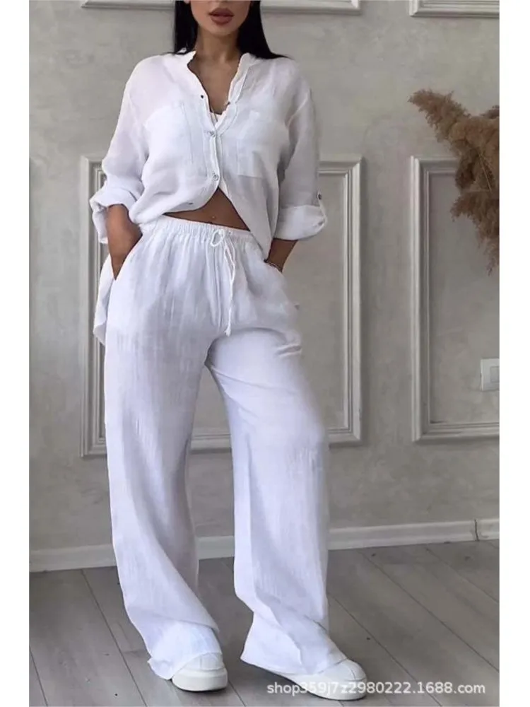 Ropa De Mujer Ofertas Fashion Loose Shirt Two Piece Set Women Casual Button Pocket Shirt Wide Leg Pants Two Piece Set Women