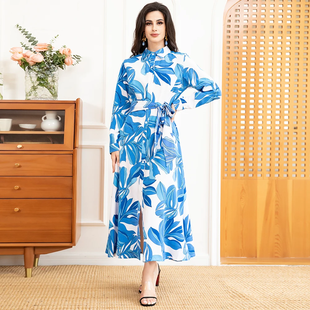 Muslim Abaya Sweet Party Long Dresses for Women Lapel Color contrast Printing Regular sleeve Female A-line Loose Skirt Kaftan